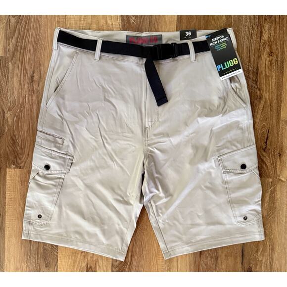Plugg Men’s Cargo Shorts & Adjustable Belt,7 Pocket Khaki,Size 36 -NWT - Picture 1 of 5